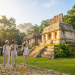 Climat au Mexique en octobre : ce qu'il faut savoir Trois touristes marchent devant des ruines mayas entourées de jungle lors d'une journée ensoleillée.