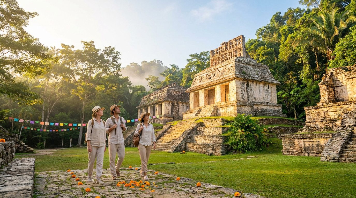 Trois touristes marchent devant des ruines mayas entourées de jungle lors d'une journée ensoleillée.