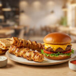 Un plateau avec un cheeseburger, des brochettes de poulet et un panini sur une table en bois dans un restaurant.
