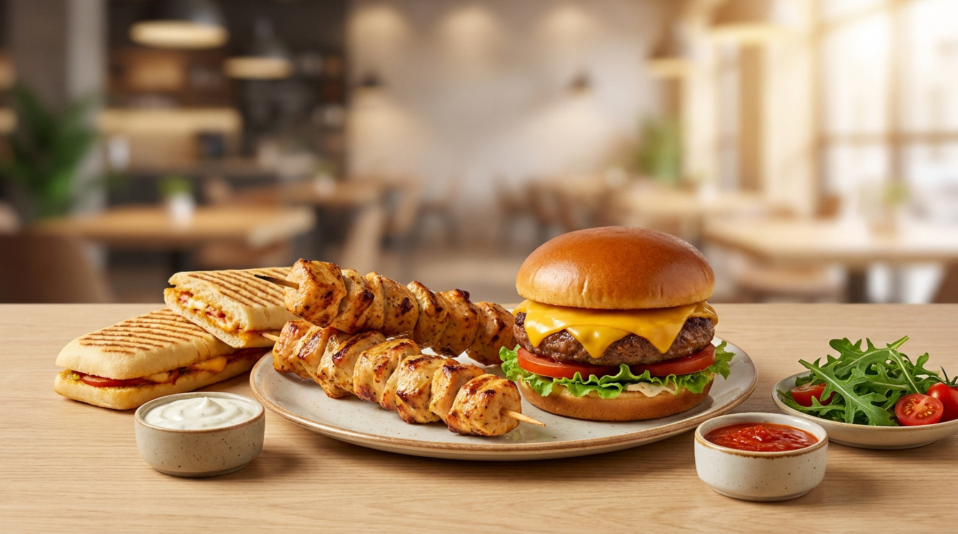 Un plateau avec un cheeseburger, des brochettes de poulet et un panini sur une table en bois dans un restaurant.