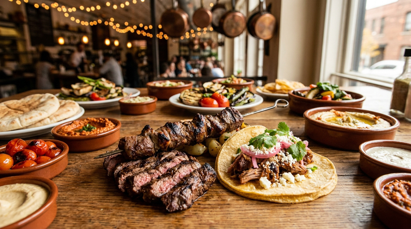 Une table généreusement garnie de plats orientaux, incluant des brochettes de viande, des tacos et des mezzés variés.