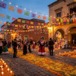 Pourquoi voyager au Mexique en novembre est une idée Place mexicaine décorée de guirlandes et de fleurs pour la fête des morts avec des personnes en costumes traditionnels.