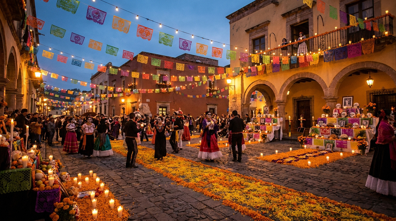 Place mexicaine décorée de guirlandes et de fleurs pour la fête des morts avec des personnes en costumes traditionnels.