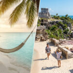 Choisir entre Holbox ou Tulum pour ses vacances Comparaison visuelle entre une plage relaxante de Holbox et le site archéologique en bord de mer de Tulum au Mexique.