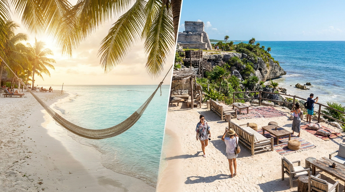 Comparaison visuelle entre une plage relaxante de Holbox et le site archéologique en bord de mer de Tulum au Mexique.