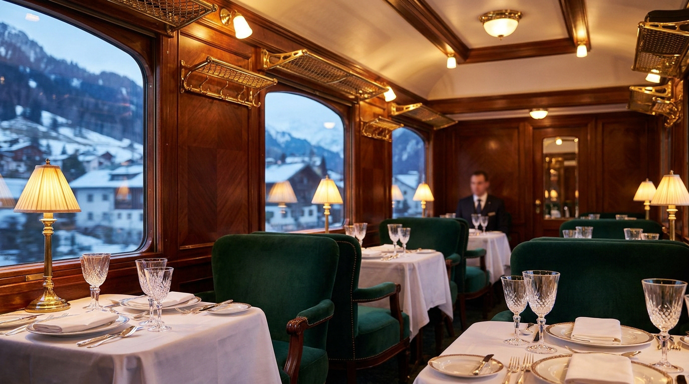 Intérieur luxueux d'un wagon-restaurant Orient Express avec des sièges en velours vert et une vue sur des montagnes enneigées.