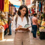 Estimer son budget voyage au Mexique sans surprise Une voyageuse consulte son carnet et son téléphone dans un marché coloré au Mexique.