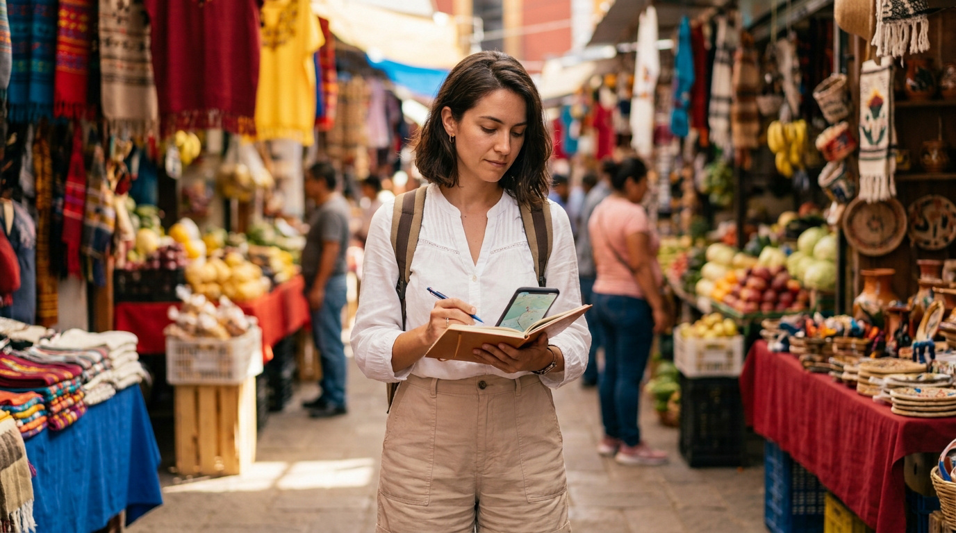 Une femme voyageuse écrit dans son carnet au milieu d'un marché coloré et animé au Mexique.