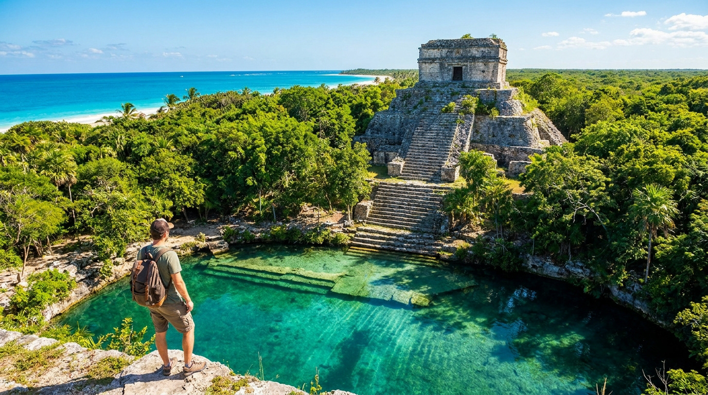 Un voyageur avec sac à dos contemple un ancien temple maya situé au bord d'un cénote turquoise et de la mer des Caraïbes.